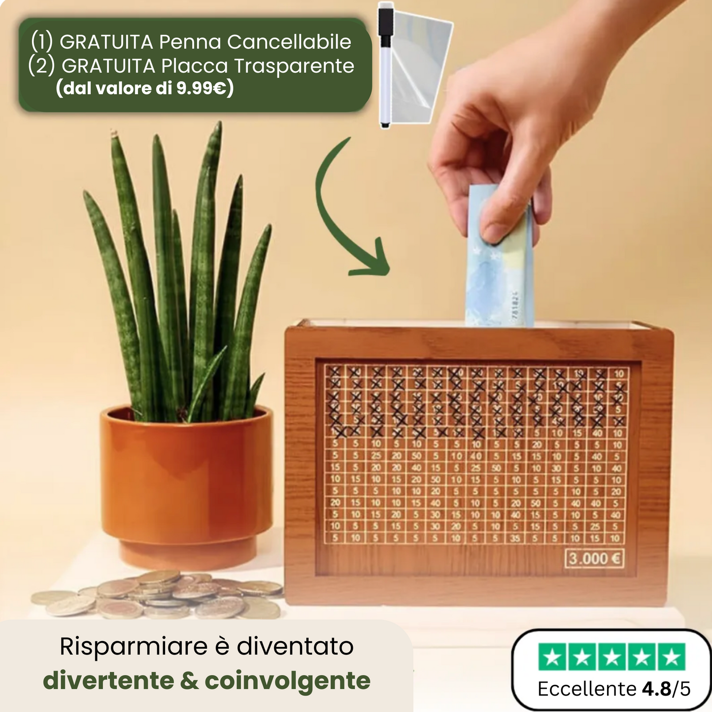Salvadanaio in legno con obiettivo risparmio